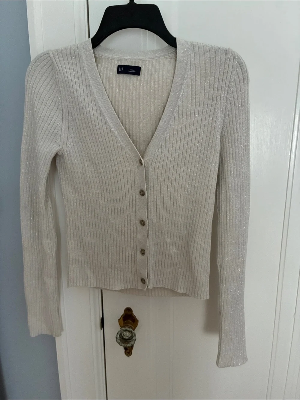 GAP Cream Ribbed V-Neck Button-Up Cardigan with Metallic Thread - Picture 1 of 4